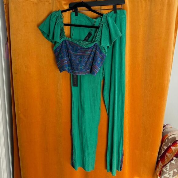 Rachel Zoe Linen Cropped Top and Pants Size Medium Green and Blue Set - Picture 8 of 8